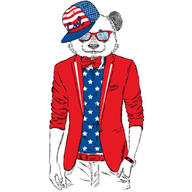 Panda bir ceket ve güneş gözlüğü. Vektör çizim. Hayvan moda giysiler içinde. Yazdırma için kartpostallar, posterler, giyim ve aksesuarları