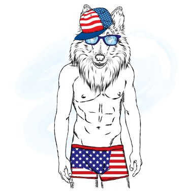 Köpek insan vücudunda Yüzme Mayo ile. Güzel bir vücudu olan adam. Vektör çizim için tebrik kartı, poster ya da parmak izi giyim ve aksesuarları.