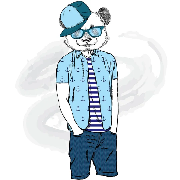 Panda hipster w letnie ubrania. Niedźwiedź z ludzkiego ciała. Moda styl idealna. Ilustracja wektorowa. — Wektor stockowy