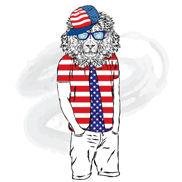 Lion hipster in zomer kleding. De leo met het menselijk lichaam. Fashion & stijl. Vectorillustratie voor wenskaart, poster of print op kleding en accessoires. — Stockvector