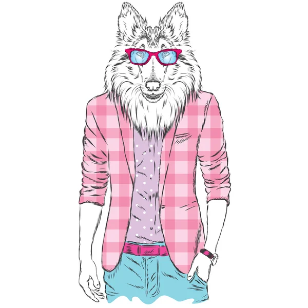 Perro con chaqueta y gafas de sol. Vector. Animal con ropa de moda. Impresión para tarjetas postales, carteles, ropa o accesorios — Vector de stock