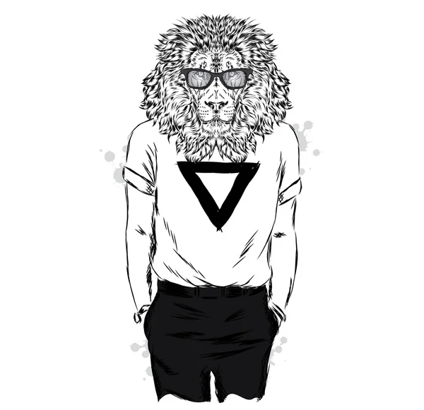 Leo tişörtü, parmak izi ve gözlüklü. Vektör illüstrasyon. Giysiler, kartlar veya posterler için yazdırın .