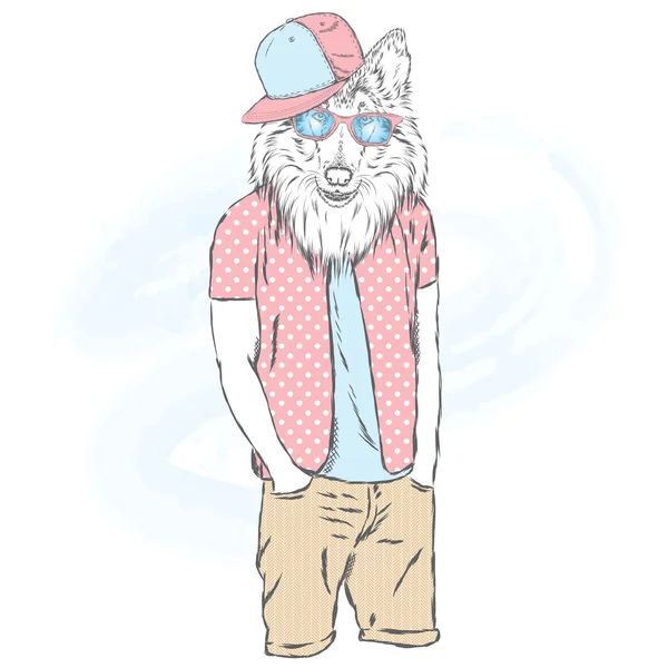 Chien hipster en vêtements d'été. Mode & Style. Illustration vectorielle pour carte de vœux, affiche ou impression sur vêtements et accessoires . — Image vectorielle