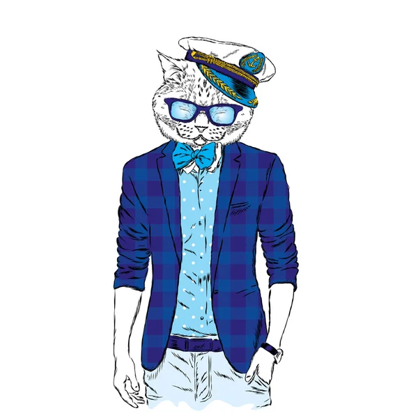 Kat in een jasje en een zonnebril. Vector illustratie. Dier in modieuze kleding. Afdrukken voor ansichtkaarten, posters, kleding of accessoires — Stockvector