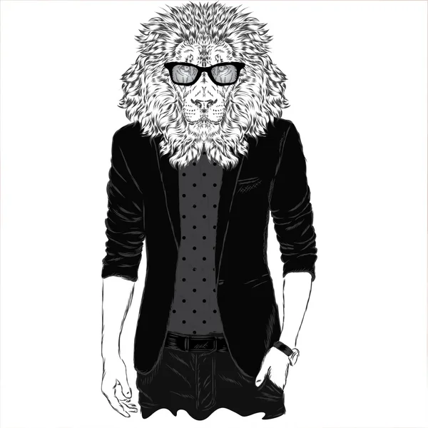 Leo hipster con chaqueta y gafas de sol. Ilustración vectorial. La impresión en la portada, la ropa o la tarjeta  . — Vector de stock