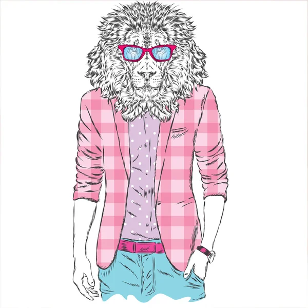 Leo hipster dans une veste et des lunettes de soleil. Illustration vectorielle. L'impression sur la couverture, les vêtements ou la carte  . — Image vectorielle