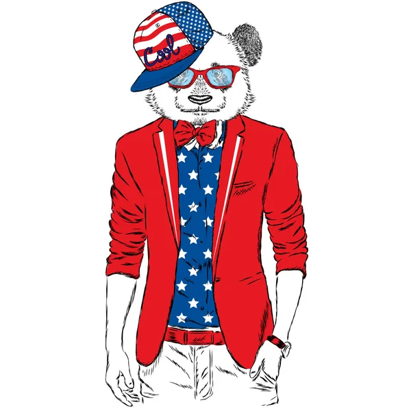 Panda con chaqueta y gafas de sol. Ilustración vectorial. Animal con ropa de moda. Impresión para tarjetas postales, carteles, ropa o accesorios — Archivo Imágenes Vectoriales