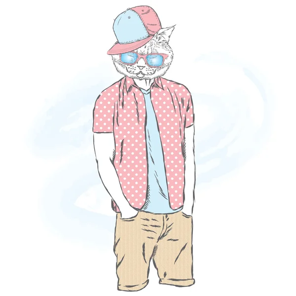 Pantalones cortos y camisa de gato hipster. Gato con el cuerpo humano. Gato con gafas y gorra. Ilustración vectorial para tarjeta de felicitación, póster o impresión en la ropa. Moda y estilo. Hipster en ropa de verano . — Archivo Imágenes Vectoriales