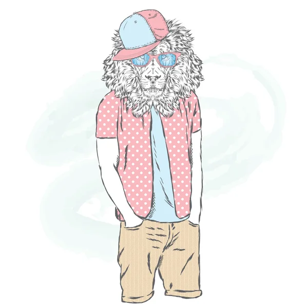 Hipster de leão em roupas de verão. O Leão com o corpo humano. Moda & Estilo. Ilustração vetorial para cartão, cartaz ou impressão em roupas e acessórios . —  Vetores de Stock