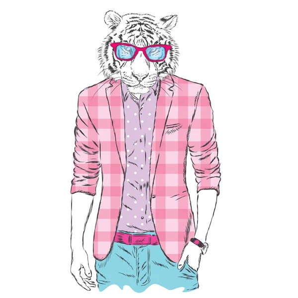 Hipster Tiger in Jacke und Sonnenbrille. Vektorillustration. — Stockvektor