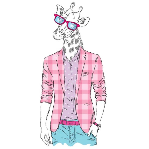 Girafa - hipster em uma jaqueta e óculos escuros. Ilustração vetorial . — Vetor de Stock