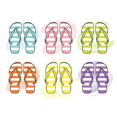 Beach Flip Floplar farklı renklerde. Vektör çizim. Ayakkabı Yaz.