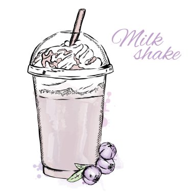 Süt kokteyl. Bir kartı veya poster için vektör çizim. Yaz çizim. Vintage ve suluboya.