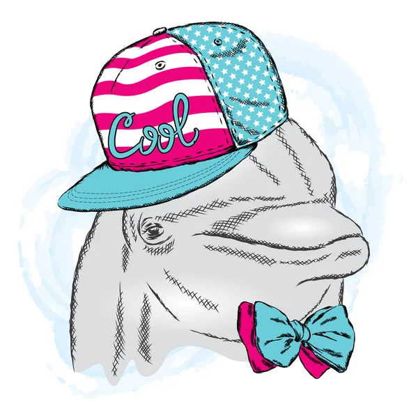 Roztomilý delfín na sobě čepici a kravatu. Vektorové ilustrace pro přání, plakátu nebo tisk na oblečení. — Stockový vektor