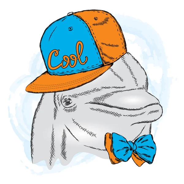 Roztomilý delfín na sobě čepici a kravatu. Vektorové ilustrace pro přání, plakátu nebo tisk na oblečení. — Stockový vektor