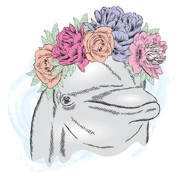 Niedlicher Delphin in einem Blumenkranz. Vektor-Illustration für Grußkarte, Poster oder Druck auf Kleidung. — Stockvektor