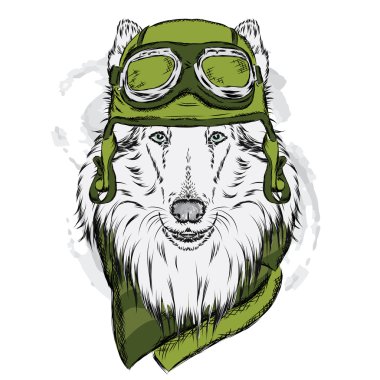 Köpek bir kask ve eşarp takıyor. Kömür ocağı-pilot. Vektör çizim.