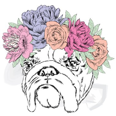 Çiçek çelenk takmış bulldog. Vektör çizim tebrik kartı, poster ya da giyim üzerine baskı için.