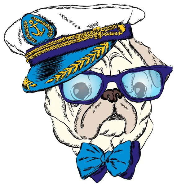 狗在船长的帽子。可爱的小狗。矢量图. — 图库矢量图片