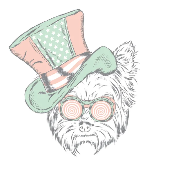 Funny puppy w dziwny kapelusz i okulary przeciwsłoneczne. Ilustracja wektorowa. Yorkshire Terrier. — Wektor stockowy