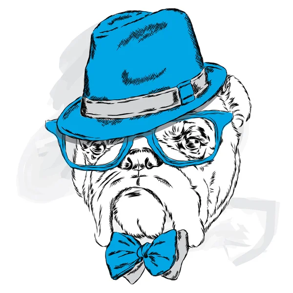 Bulldog indossa un cappello con occhiali e cravatta. Illustrazione vettoriale per biglietto di auguri, poster o stampa su vestiti . — Vettoriale Stock