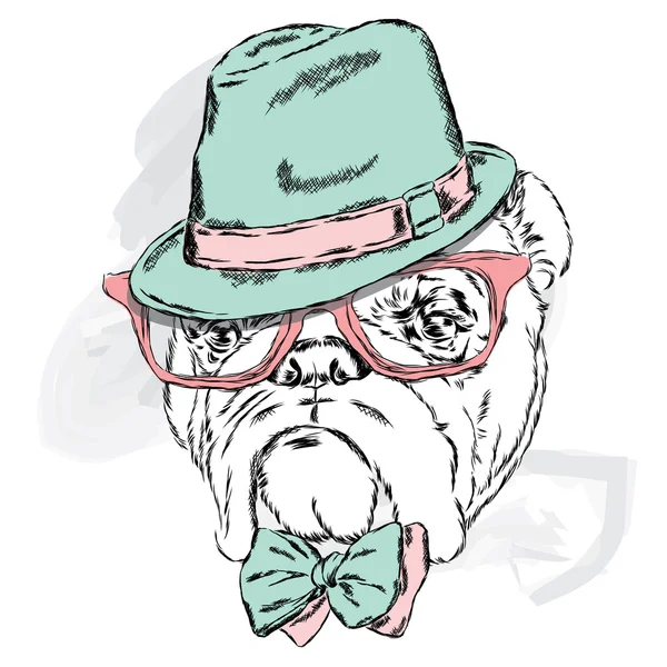 Bulldog lleva un sombrero con gafas y corbata. Ilustración vectorial para tarjeta de felicitación, póster o impresión en ropa . — Vector de stock