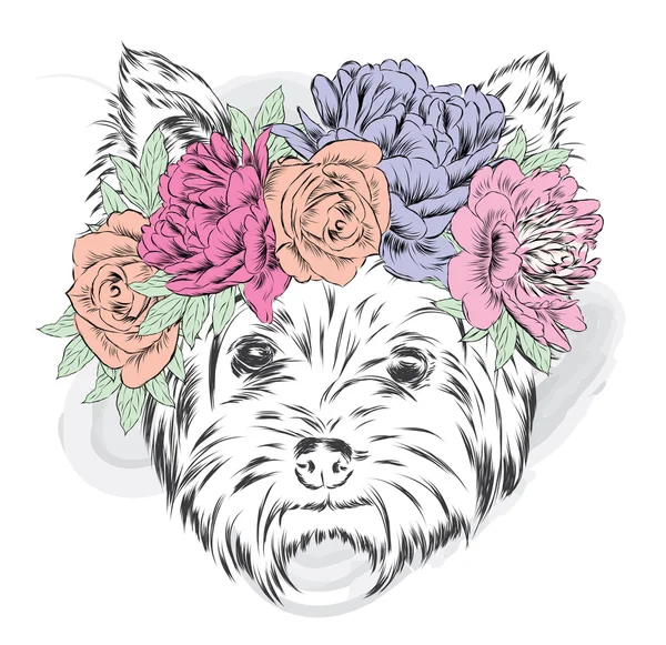 Schattige puppy vector. York in de bloemen krans . — Stockvector