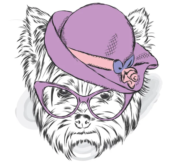 Yorkshire terrier com chapéu de senhora e óculos de sol. Ilustração vetorial . — Vetor de Stock