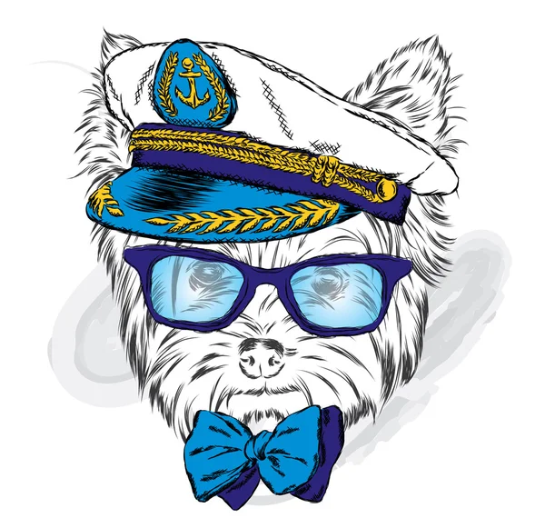 Lindo perro en la gorra del capitán. Ilustración vectorial. Yorkshire Terrier . — Archivo Imágenes Vectoriales