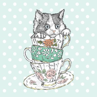 Porselen tabakta sevimli kedi yavrusu. Tebrik kartı, poster veya giysilere baskı için vektör çizimi.