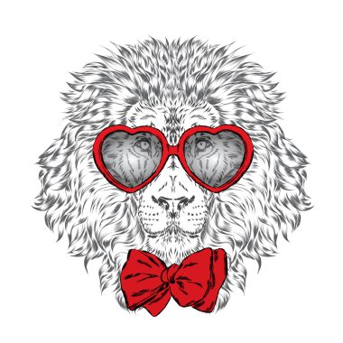 Aslan vektörü. Hipster. Poster. Yazdırma. Hayvanlarla tebrik kartı. Sevgililer Günü.