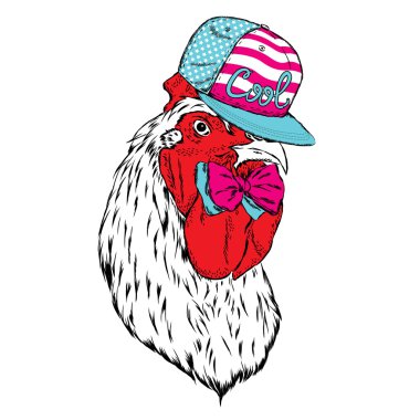 Bir kap ve kravat güzel horoz. Bir poster, kartpostal veya giysi üzerine baskı için vektör çizimi. Yılın sembolü.