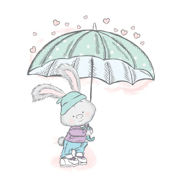 Cute hare in clothes and an umbrella. A rain of heart. Vector illustration for greeting card, poster, or print on clothes. Little rabbit. — Stock Vector