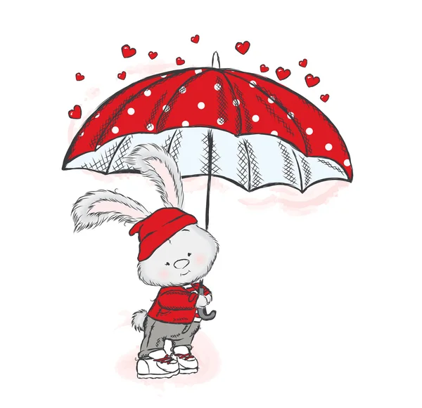 Linda liebre en ropa y un paraguas. Una lluvia de corazón. Ilustración vectorial para tarjeta de felicitación, póster o impresión en la ropa. Pequeño conejo . — Archivo Imágenes Vectoriales