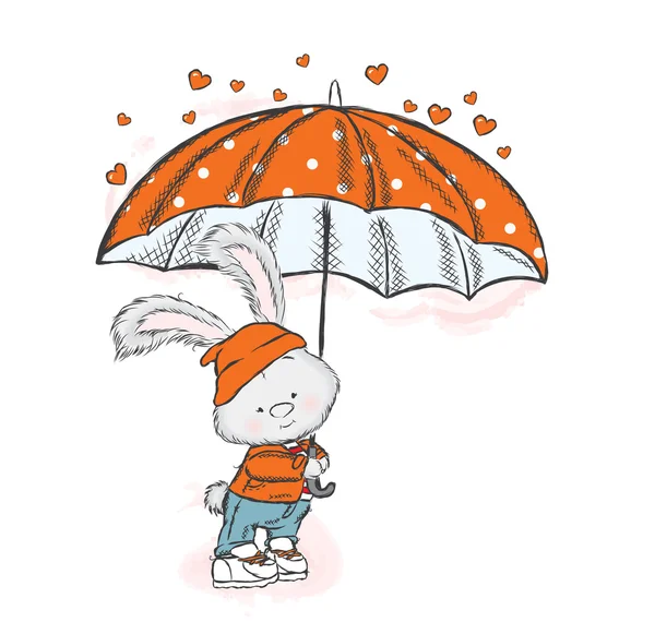 Linda liebre en ropa y un paraguas. Una lluvia de corazón. Ilustración vectorial para tarjeta de felicitación, póster o impresión en la ropa. Pequeño conejo . — Archivo Imágenes Vectoriales