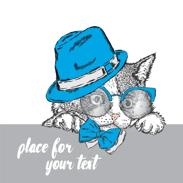 Lindo gatito con gafas y un sombrero. Ilustración vectorial . — Archivo Imágenes Vectoriales