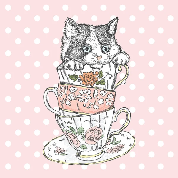 可爱的小猫在瓷盘。贺卡、海报或衣服上的打印的矢量插图. — 图库矢量图片