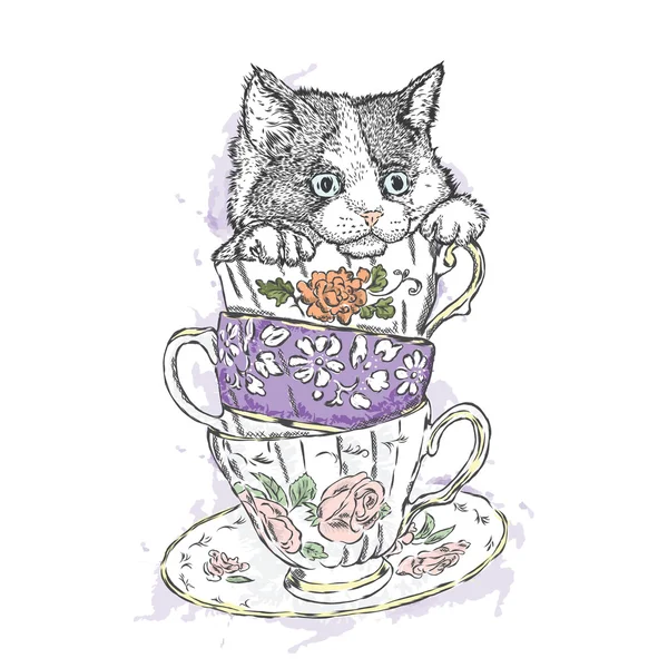 可爱的小猫在瓷盘。贺卡、海报或衣服上的打印的矢量插图. — 图库矢量图片