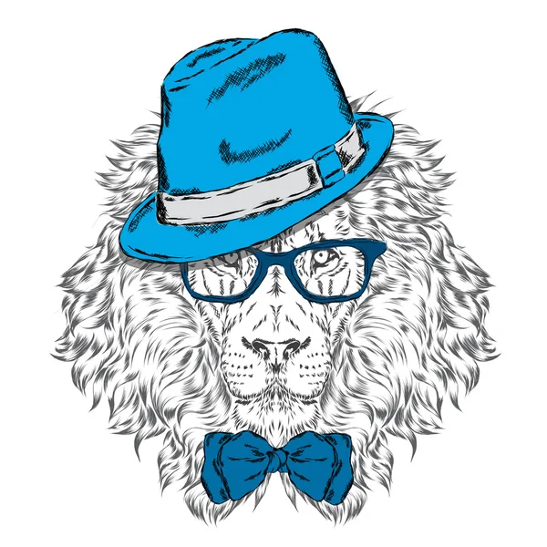 Hipster. Poster. Stampa. Biglietto d'auguri con animali. Cappello Leo  . — Vettoriale Stock