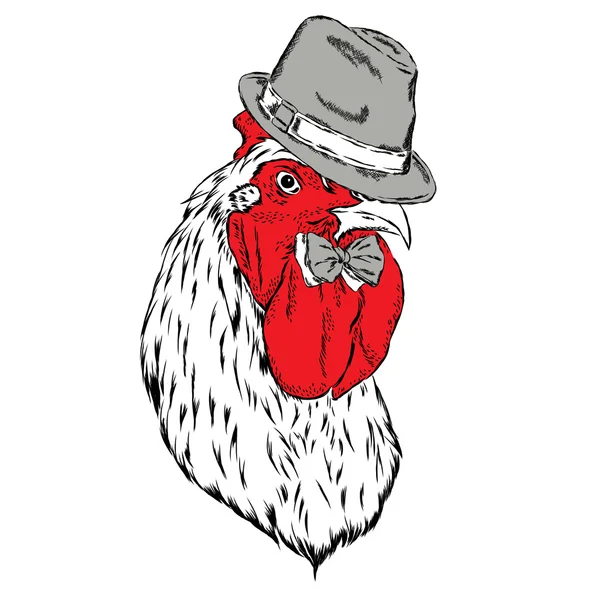 漂亮的公鸡在帽子和领带。矢量插图. — 图库矢量图片