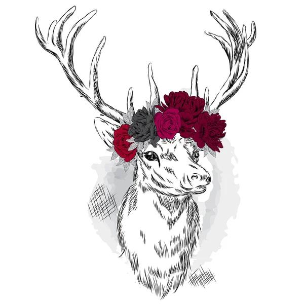 Beautiful deer in a wreath of flowers. Vector illustration for a card or poster. Print on clothes and accessories. — Stock Vector