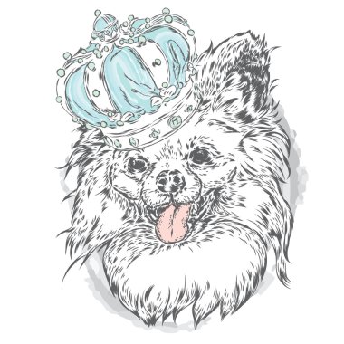 Taç takan sevimli köpek yavrusu. Tebrik kartı, poster veya giysilere baskı için vektör çizimi. Moda ve Stil. Vintage. Güzel köpek.