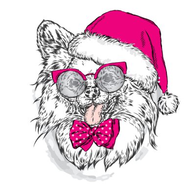 Santa şapka ve güneş gözlüğü sevimli köpek yavrusu. Tebrik kartı, poster veya giysilere baskı için vektör çizimi. Moda ve Stil. Vintage. Güzel köpek. Yeni Yıl ve Noel.
