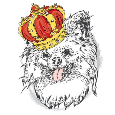 Taç takan sevimli köpek yavrusu. Tebrik kartı, poster veya giysilere baskı için vektör çizimi. Moda ve Stil. Vintage. Güzel köpek.