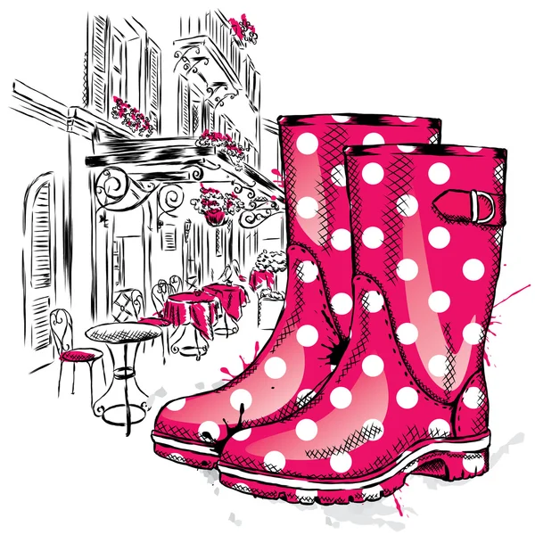 Rubber boots on a background of a city street. Vector illustration for greeting card, poster, or print on clothes. Fashion & Style. Vintage drawing. — Stock Vector