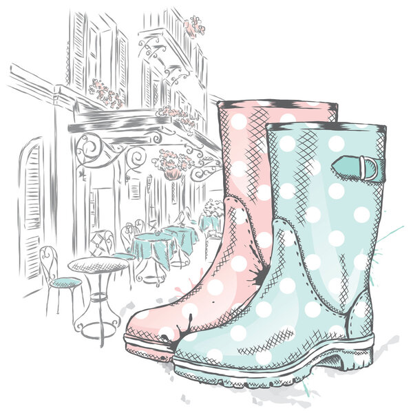 Rubber boots on a background of a city street. Vector illustration for greeting card, poster, or print on clothes. Fashion & Style. Vintage drawing.