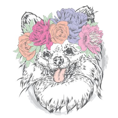 Çiçek çelengi giyen sevimli köpek yavrusu. Tebrik kartı, poster veya giysilere baskı için vektör çizimi. Moda ve Stil. Vintage. Güzel köpek.
