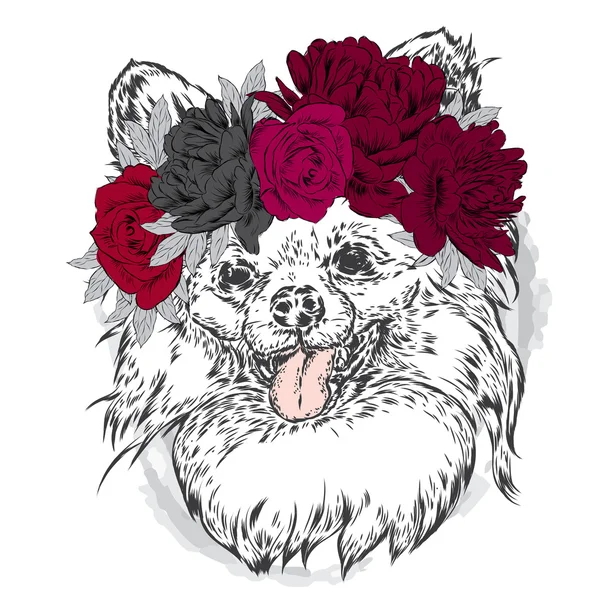 Un cucciolo carino che indossa una corona di fiori. Illustrazione vettoriale per biglietto di auguri, poster o stampa su vestiti. Moda e stile. Vintage. Bellissimo cane . — Vettoriale Stock