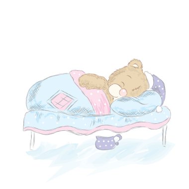 Oyuncak ayı yatakta uyuyor. Uyku. Gece. İyi geceler. Tebrik kartı, poster veya giysilere baskı için vektör çizimi.