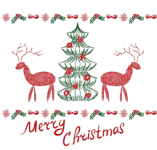Neujahrskarte mit Rentieren und Weihnachtsbaum — Stockvektor